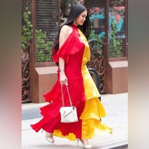 NEW Anthropologie Pinnacle Shruti Sancheti Red Gold Colorblock Maxi Dress XS